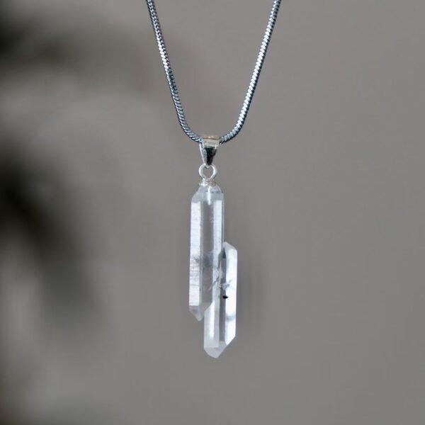 Twin Soul raw quartz pendant with silver chain for emotional healing and soulmate energy