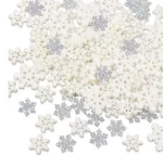 100Pcs Mini Snowflake Ornament Christmas Decorations- Glitter Resin White and Silver Snowflakes Christmas Craft Embellishment for DIY Craft Xmas Tree Winter Party Table Decor (3 Sizes)