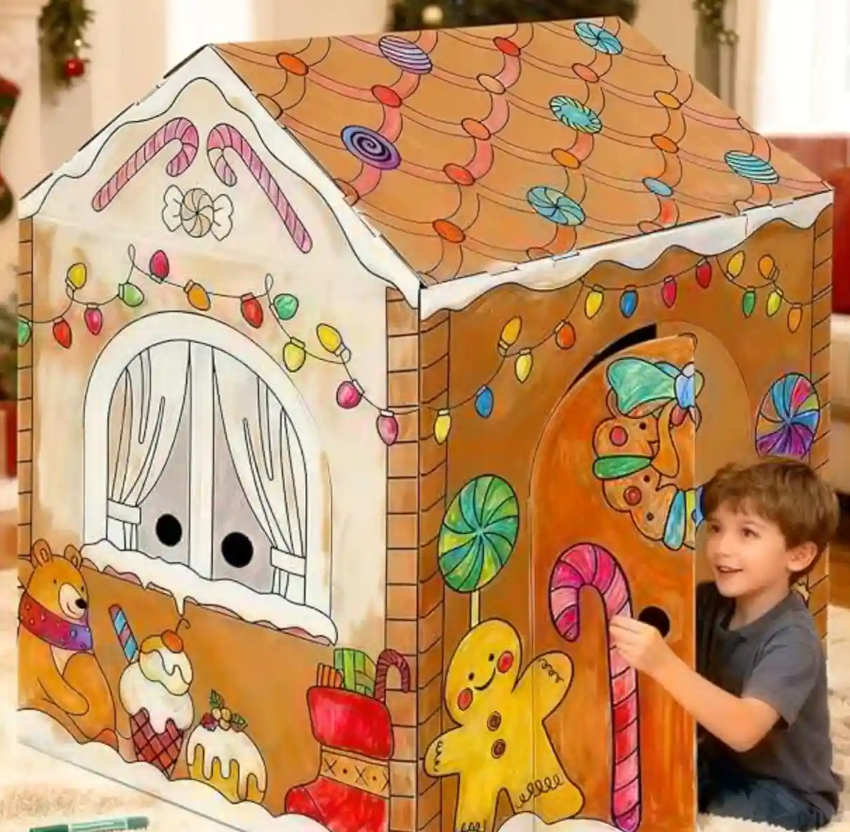 1_副本 kockuu Gingerbread Cardboard House to Color for Kids Toddlers, Large Gingerbread Cardboard Coloring House Playhouse Christmas Arts & Crafts Activity Indoor Fun, 40" x 32" x 26" - Image 1