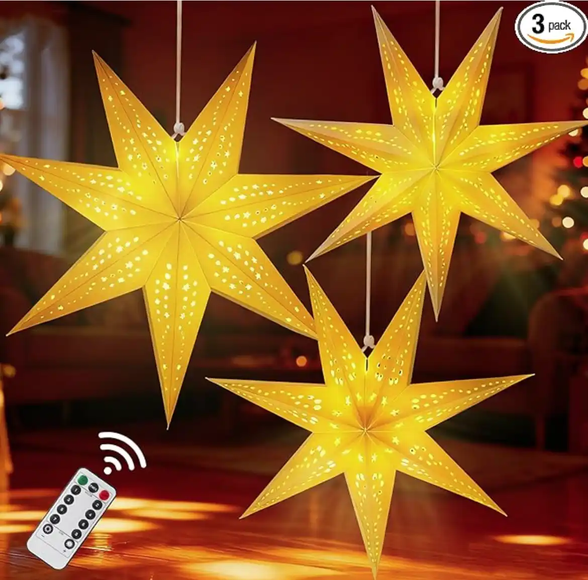 1_副本 Large Paper Star Lanterns with Lights, 3D 7 Pointed Christmas Paper Lanterns, 3Pcs Foldable Decorative Christmas Hanging Decorations for Xmas Wedding New Year Party Home Decor Indoor, 24/18 Inch - Image 1