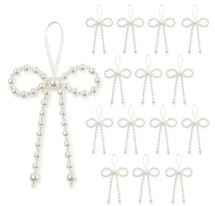 15 Pack Pearl Bowknot Ornament, Handmade Faux Pearl Bow Charm with Crystal Beads, Hanging Pendant for Gift Box, Wedding Bouquet and Bag Decoration