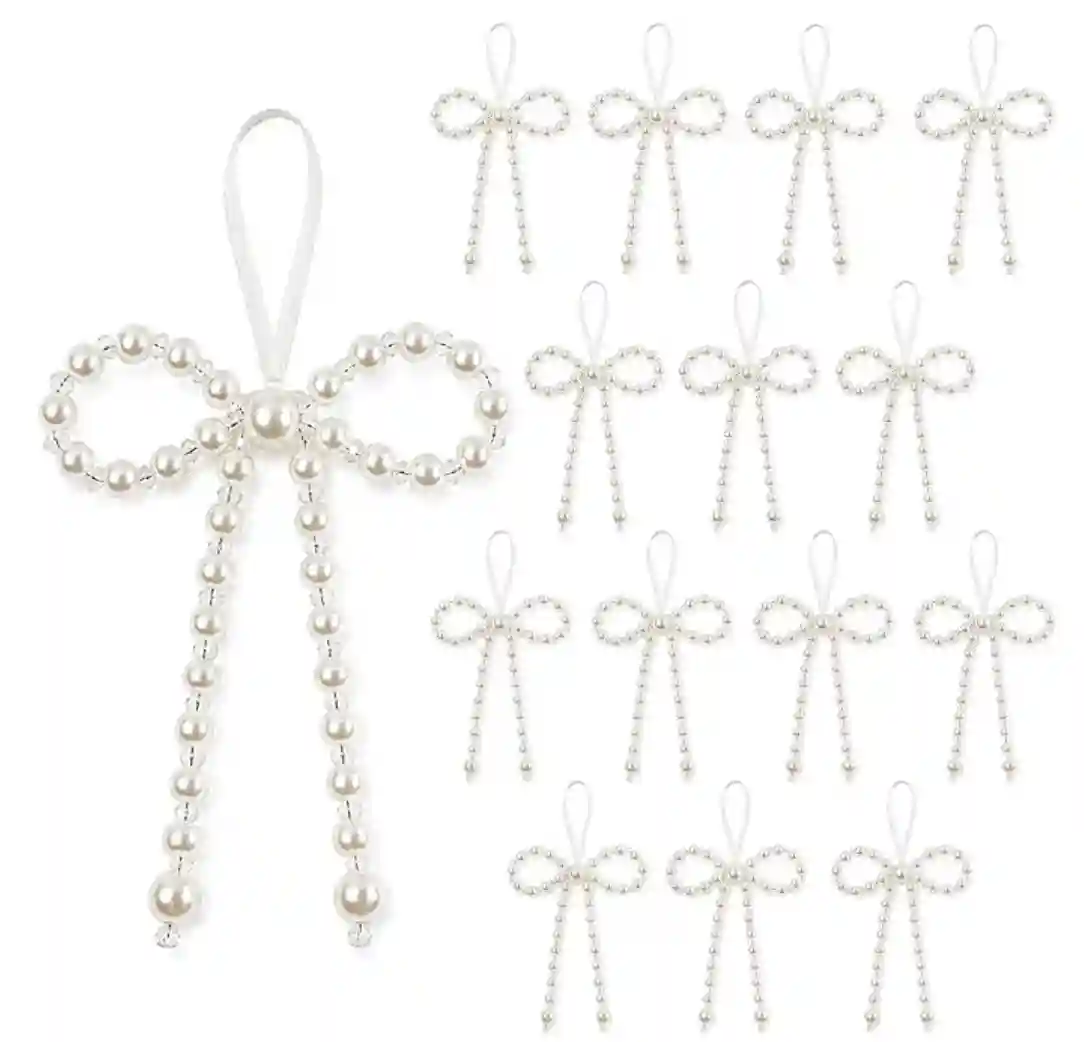 2_副本 15 Pack Pearl Bowknot Ornament, Handmade Faux Pearl Bow Charm with Crystal Beads, Hanging Pendant for Gift Box, Wedding Bouquet and Bag Decoration - Image 1