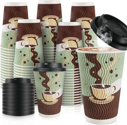 16 oz Disposable Coffee Cups with Lids 48 Pack, Insulated Corrugated Ripple Wall To Go Paper Coffee Cup for Hot Beverage or Cold Drinks, Travel, Home, Office